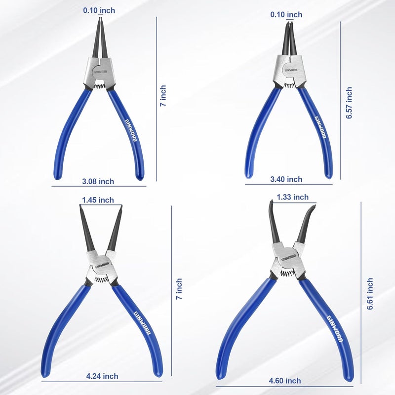 GINWORD 7-inch 4 Pcs Snap Ring Pliers Set, Circlip Pliers Kit, Straight/Bent Jaw, Internal/External Heavy Duty C Clip Pliers for Ring Remover Retaining,Blue - Image 2